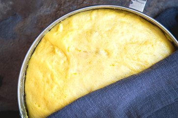 Yeast dough raw in a bowl. Homemade raw yeast dough