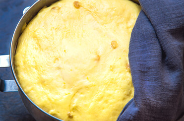 Yeast dough raw in a bowl. Homemade raw yeast dough