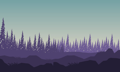 Dramatic Mountain views with forest from the edge of the city at sunrise. Vector illustration