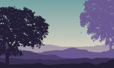 Beautiful Mountain views in the morning with shady tree silhouettes around it. Vector illustration