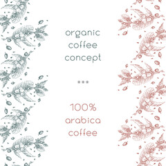 Obraz premium Vintage coffee shop banner template. Vector coffee leaf illustration in engraving style. Green leaves drawing. Botanical pattern background. Square coffee roasters banner. Specialty coffee concept.