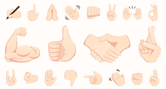 Hand gesture emojis icons collection. Handshake, biceps, applause, thumb, peace, rock on, ok, folder hands gesturing. Set of different emoticon hands isolated vector illustration.
