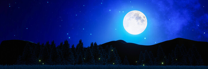 Naklejka premium Wide grasslands with pine trees and mountains alternate in background. Full moon night bright stars are filling the sky. Night mountain scenery with fireflies flying above the ground. 3D Rendering