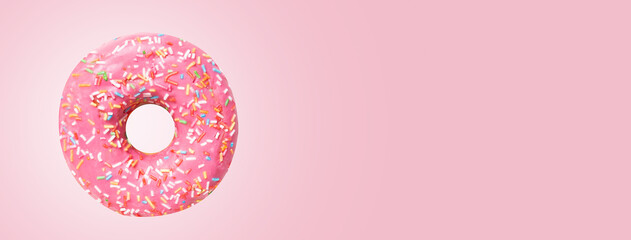 Funny whole pink doughnut on pink background. Banner format with copy space. Celebration poster. 