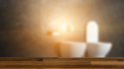 Background with empty table. Flooring. Modern bathroom including bath and sink. 3D rendering.