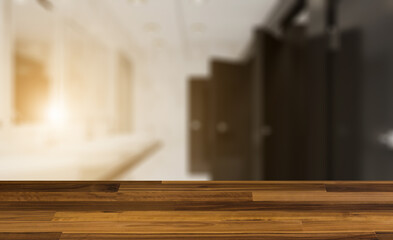 Background with empty table. Flooring. Clean public toilet room empty with wooden partition. 3D renderi