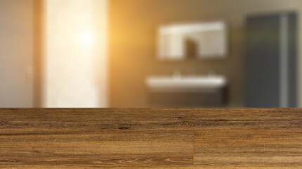 Background with empty wooden table. Flooring. Spacious bathroom in gray tones with heated floors, freestanding