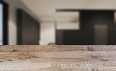 Background with empty wooden table. Flooring. Modern office building interior. 3D rendering.. Modern office bu