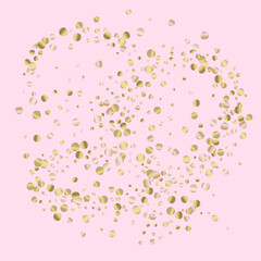 Golden Rain Light Pink Background. Effect Confetti Background. Gold Polka Abstract Wallpaper. Sequin Modern Card.