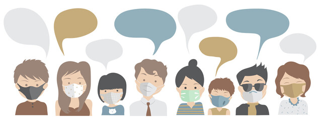 people wearing facial mask talking, together to share ideas, sending messages in group, flat design characters