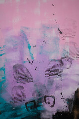 Abstract acrylic painting, conceptual art, footprints on pink, green and purple background, abstract lavander flowers