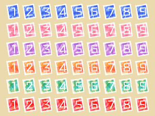 切手風デザイン）手描き水彩風背景のカラフル数字アイコンセット