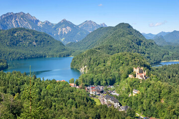 Fototapeta na wymiar Aerial view of Hohenschwangau and Alpsee lake, Bavaria, Germany