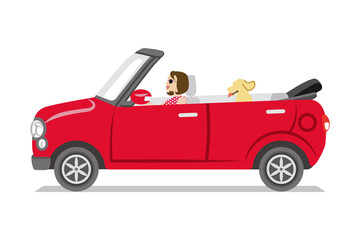 Red small convertible car ,side view - Young woman and dog seated - obrazy, fototapety, plakaty