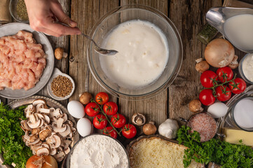 Chef Prepares Dough Pie Pizza Top View Ingredients Background Cooking Recipe Book
