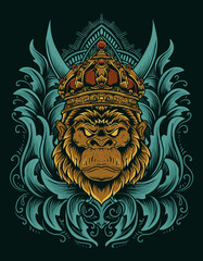 illustration vector gorilla king with engraving ornament