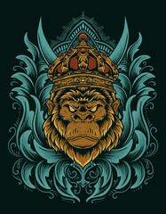 illustration vector gorilla king with engraving ornament