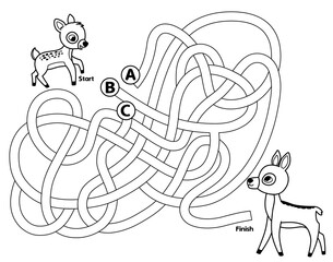 Help the fawn to reach her mother. Black and white maze game for children. Vector illustration. 