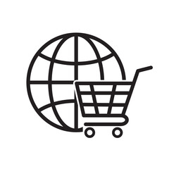 Globe icon and Add to cart icon. Flat design. Online shopping concept. Vector illustration.