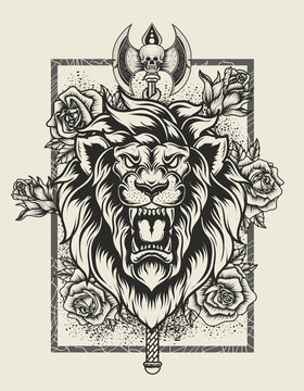 illustration vector lion head with rose flower