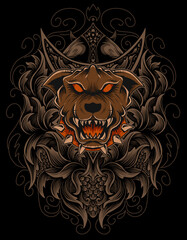 Illustration vector Dog head with vintage engraving ornament on black background.