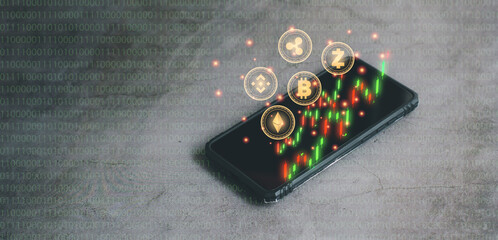 Business and technology concept. Smartphone with cryptocurrency coin with red and green candlestick graph on binary code black background. Big data information exchanges digital currency.