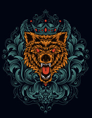 illustration vector angry wolf head with antique ornament