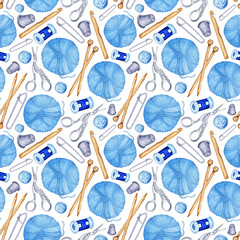Watercolor pattern knitting tools seamless, repeating pattern. Wooden knitting needles, crochet hook, skeins of woolen yarn, button, pin, scissors. Design for fabric, wallpaper, wrapping paper. 