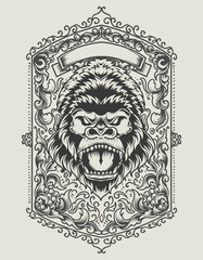 illustration gorilla head with engraving ornament