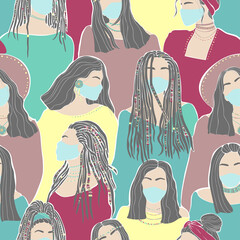 Beautiful hand drawn pattern with women face mask on white background. Coronavirus epidemic protective. Vector seamless background. Flat portrait style.