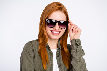 Photo of cheerful cool orange hair lady touch spectacles wear grey shirt isolated on white color background