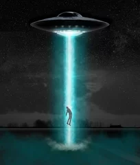 Peel and stick wall murals UFO Man being abducted by UFO