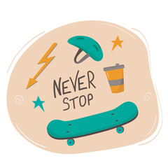 Skateboard icons, logos and labels. Vector illustration of flat design with skateboard, helmet, cup.