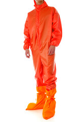Man wearing red protective suit isolated on white background
