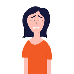 Isolated sad girl in cartoon style on white background. Fashion illustration. Beautiful model face. Girl in orange t-shirt. Young woman Avatar