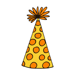 party hat with circles. hand drawn doodle style. vector, minimalism, trending color yellow, orange. festive funny.