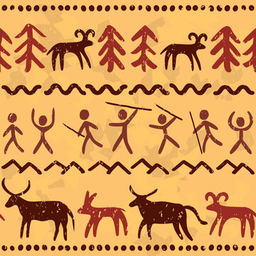 Prehostoric cave paintings art vector seamless pattern, primitive background inspired by stone drawings with  people and animals
