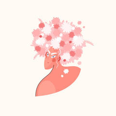 Summer woman with flowers on her head in trendy style. Girl with a wreath. Spring card. Vector stock illustration
