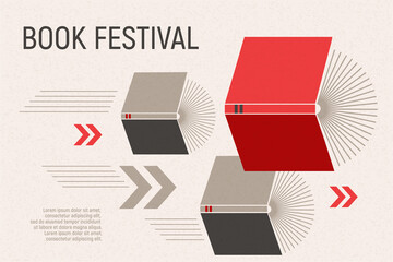 Banner for book festival. Open books flying with arrows. Vector minimalist background with textures. Design template for a library, education theme. Concept of striving for success. Grey and red color