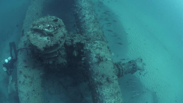 Underwater infrastructure of a recycled treated sewer outlet situated in a popular ocean swimming area of a major urban city. Wide panoramic view 50fps