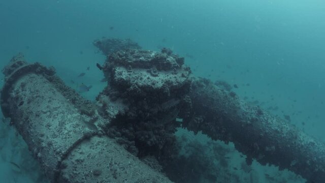 Underwater infrastructure of a recycled treated sewer outlet situated in a popular ocean swimming area of a major urban city. Wide panoramic view 50fps