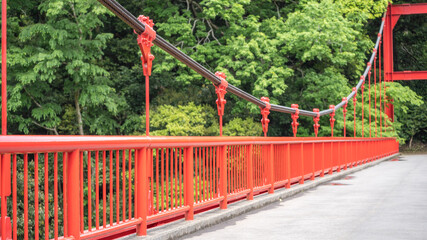 Obraz na płótnie Canvas 森の中の赤い吊橋