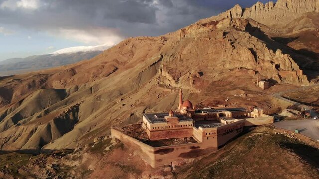 Aerial Drone Footage of Ishak Pasha Palace Lovated in Easter Turkey near the Ararat mountain. Ishak Pasa Sarayi