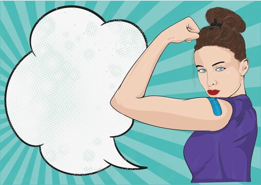 cartoon woman getting vaccine proud superhero superwoman with plaster on arm