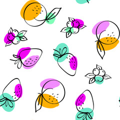 Color Fruit Vector White Seamless Pattern. Cartoon Lemon and Strawberry Texture. Blue and Red Citrus and Blueberry Summer Wallpaper.