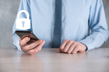 Cyber security network. Padlock icon and internet technology networking. Businessman protecting data personal information on tablet and virtual interface. Data protection privacy concept. GDPR. EU