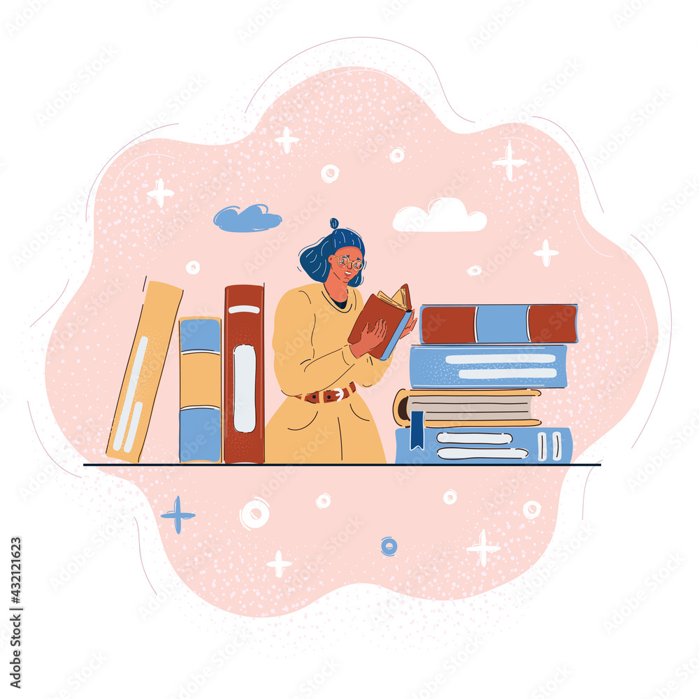 Wall mural vector illustration of young girl reading book among lot of stacks books.