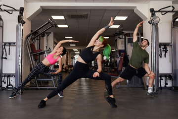 Group of people doing stretching exercises in a gym