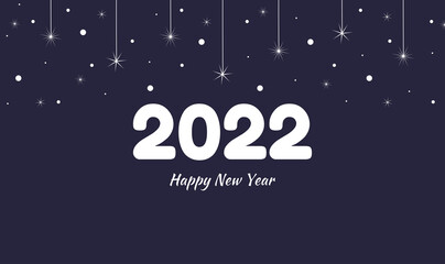 Postcard or banner Happy New Year 2022 in dark blue with garland, stars and snow. Vector festive background.