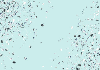 Silver Confetti Fun Vector Blue Background. Flying Spiral Branch. Star Shiny Poster. Silver Celebrate Plant.